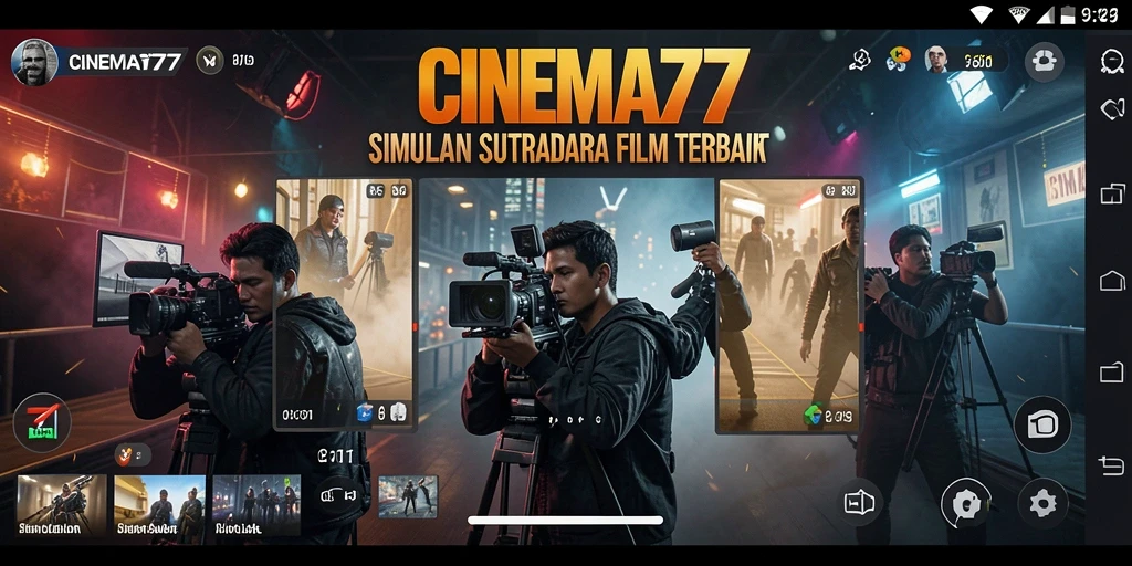 Screenshot gameplay CINEMA77 menampilkan proses produksi film yang menarik.
