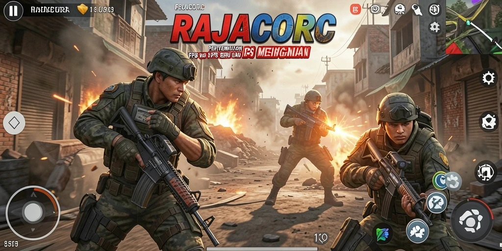 Screenshot gameplay RAJACORC yang menunjukkan aksi tembak-menembak seru.