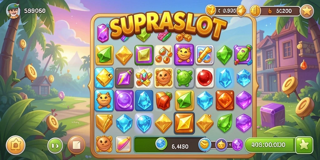 Screenshot gameplay <strong>SUPRASLOT</strong> menampilkan aksi mencocokkan elemen warna-warni.