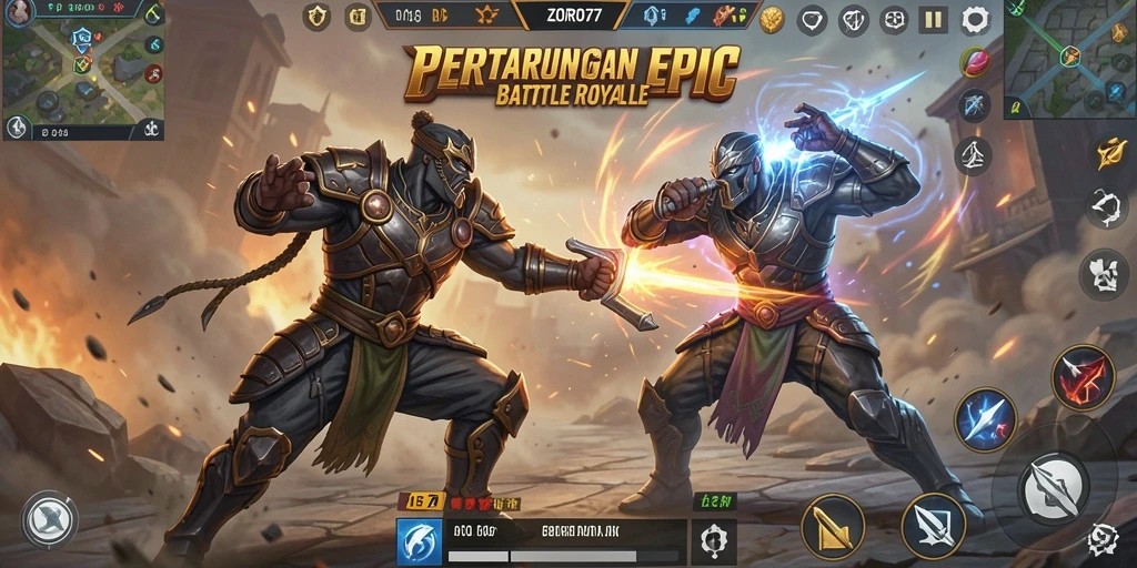 Gameplay ZORO77 menampilkan pertarungan seru di medan yang luas.